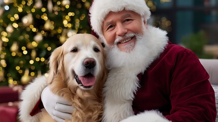 Obraz premium Joyful Santa Claus with Smiling Golden Retriever in Festive Christmas Setting