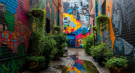 Fototapeta premium Vibrant urban alleyway with colorful street art and lush green plants, a hidden city gem showcasing biophilic design and sustainable living