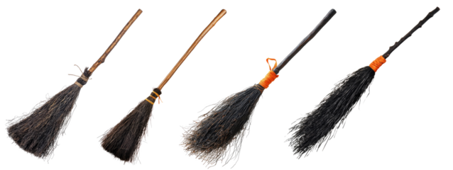 Four witch brooms with different designs and colors against a white background.