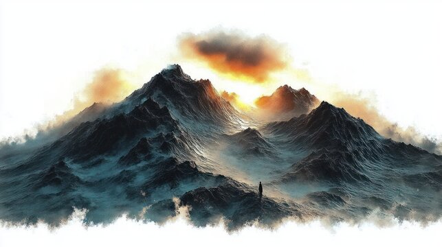 Surreal dark mountain range with glowing fiery sky and misty valleys, solitary figure standing on rocky ridge amidst dramatic landscape - Powered by Adobe