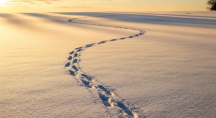 A winding trail of footprints in the pristine snow during a golden sunset, creating long shadows and a sense of solitude.