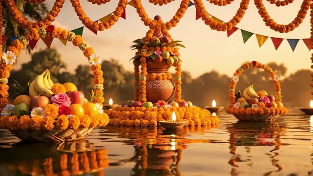 Happy Chhath Puja celebration with traditional offerings of fruits and marigold flowers by the sacred river during a serene sunrise, a beautiful Hindu festival of devotion and prayer
