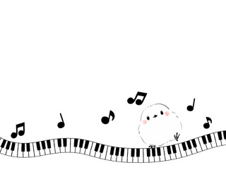 シマエナガとピアノの鍵盤のフレーム　かわいい絵本風イラスト