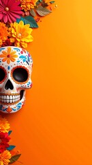 A striking skull adorned with vibrant, colorful flowers rests against a bold orange background, creating a captivating contrast of life and death.