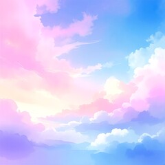 A vibrant blue sky adorned with fluffy white clouds, as sleek airplanes soar gracefully through the air, leaving trails of vapor behind them.