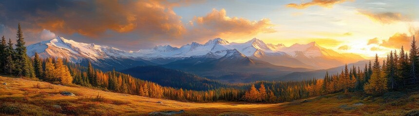 Vibrant autumn landscape with golden trees, snow-capped mountains under a glowing sunset sky, and a peaceful forested valley