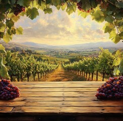 Sunlit vineyard rows stretching into rolling hills under a partly cloudy sky, framed by grapevines and bunches of ripe grapes on a wooden table, evoking peaceful rural abundance