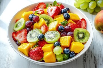 Fresh vibrant fruit salad bowl with sliced kiwi, strawberries, mango cubes, blueberries, and grapes on a wooden table, evoking freshness and health