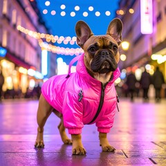 A small, fluffy dog dressed in adorable pink clothes strolls along a bustling city street, capturing the attention of passersby with its charming outfit.