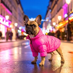 A small, fluffy dog dressed in adorable pink clothes strolls along a bustling city street, attracting smiles from passersby with its charming outfit.