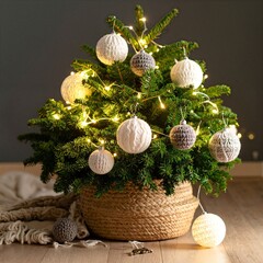 A charming small Christmas tree adorned with shimmering white ornaments and twinkling fairy lights, creating a cozy, festive atmosphere.