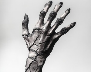 blackened and cracked skeletal hand with claw-like darkened fingertips reaching upward against a plain background, evoking a sense of decay and eerie mystery
