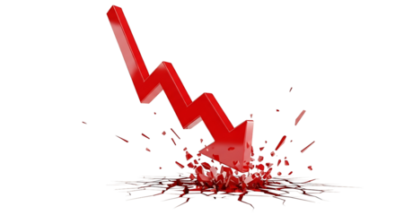 Red downward trending arrow breaking apart isolated on transparent background