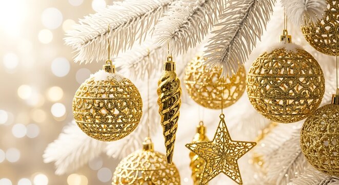Close-up of golden Christmas ornaments and decorations hanging on a white Christmas tree with soft bokeh lights in the background.