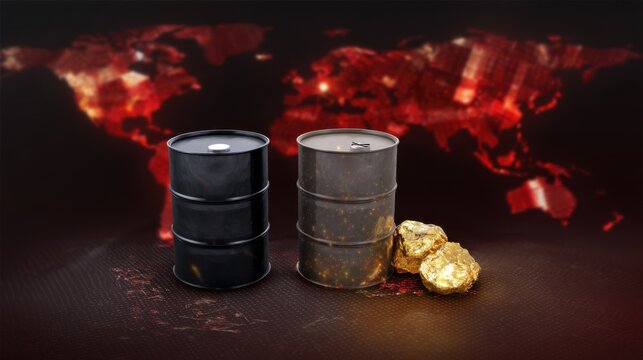 Energy and Resources: A visually striking composition featuring two oil barrels juxtaposed with glistening gold nuggets, set against a backdrop of a global map.