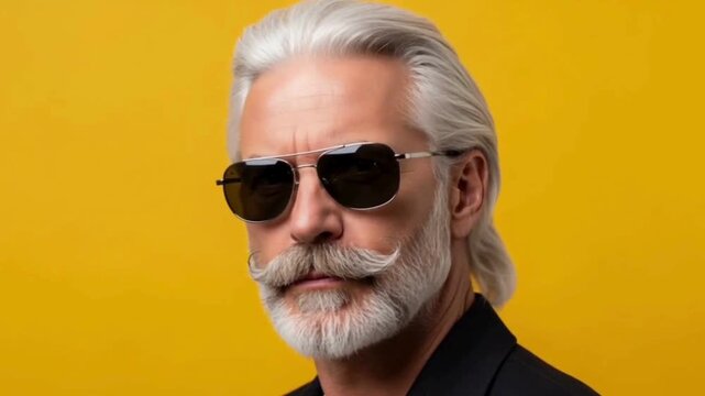 Handsome man with long hair, stylish beard, and sharp moustache posing confidently for a modern men&rsquo;s hair salon poster or fashion advertisement, symbolizing masculine grooming trends and contemporary