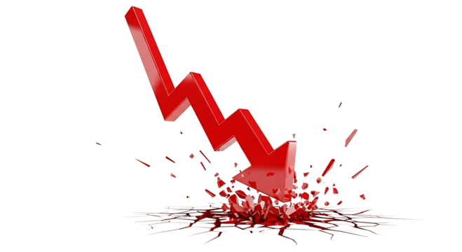 Red downward trending arrow breaking apart isolated on transparent background