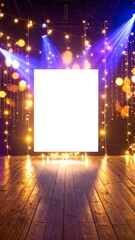 A vibrant stage featuring bright, colorful lights illuminating a polished wooden floor, creating an inviting atmosphere for performances and events.