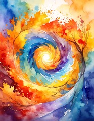 A vibrant spiral painting featuring a blend of watercolors and acrylic paint, showcasing swirling colors that create a mesmerizing, dynamic effect.