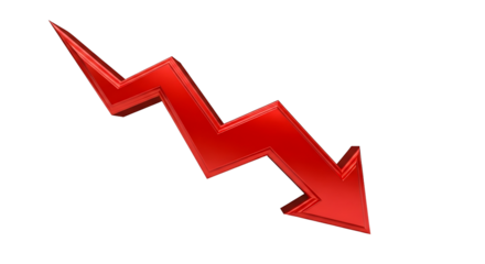 Red lightning bolt arrow pointing down isolated on transparent background