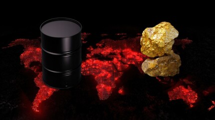 Commodity Market Composition: A striking visual composition, presenting a barrel of crude oil and a cluster of gold nuggets.