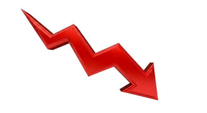 Red lightning bolt arrow pointing down isolated on transparent background