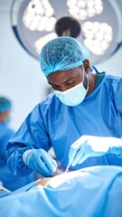 A focused surgeon in vibrant blue scrubs meticulously brushes his teeth in a bright, sterile bathroom, reflecting a commitment to personal hygiene.