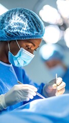 A focused surgeon in vibrant blue scrubs meticulously cleans his face with a surgical instrument, preparing for an upcoming procedure in a sterile environment.