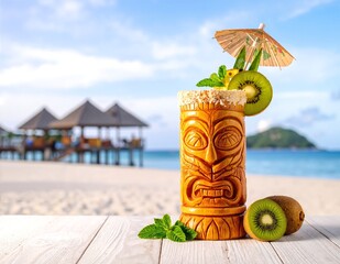 A refreshing tiwape drink garnished with vibrant fruit slices, set against a stunning beach backdrop with soft sand and gentle waves lapping at the shore.