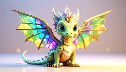 A vibrant, plush toy dragon with shimmering scales, large expressive eyes, and colorful wings, resting on a soft, cozy blanket in a sunlit room.