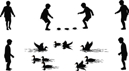 Black and white silhouette vector illustration of child playing with stones and interacting with ducks, outdoor nature activity, minimal storytelling design