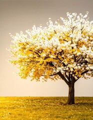 A majestic tree stands tall, adorned with delicate white flowers that bloom vibrantly among its lush green leaves, creating a serene and picturesque scene.