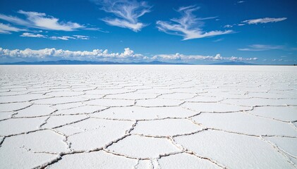 A breathtaking view of a vast salt flat stretching endlessly, with shimmering white crystals under the sun, framed by majestic mountains on the horizon.