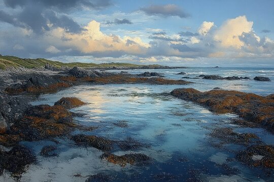 Calm coastal landscape with rocky shoreline, tidal pools reflecting blue sky and fluffy white clouds, peaceful and serene atmosphere