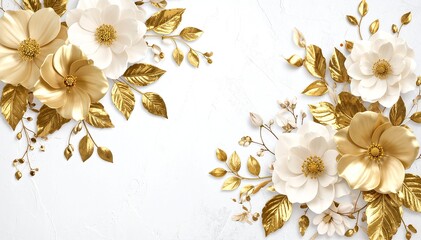 A delicate white and gold floral background featuring intricate blossoms and leaves, creating an elegant and sophisticated atmosphere perfect for various designs.