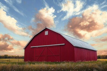 Large vibrant red barn in an open grassy field under a dramatic sky with golden clouds and soft sunlight, evoking a peaceful rural atmosphere
