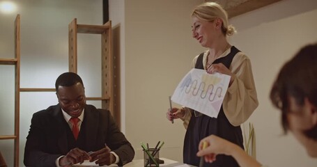 A diverse business team collaborates on a project, discussing charts and data in their modern office. - Powered by Adobe