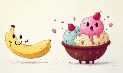 illustration of a happy smiling banana looking at a bowl with three scoops of colorful ice cream topped with cherries, with the pink scoop showing a surprised expression