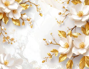 A delicate white background adorned with intricate gold floral patterns, featuring a variety of blooming flowers in soft hues, creating an elegant and serene atmosphere.