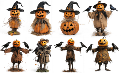 A collection of Halloween-themed pumpkin sculptures with jack-o-lantern faces and black birds perched on them.