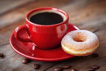 Red cup of black coffee on a matching red saucer with a powdered sugar doughnut resting beside it on a wooden table sprinkled with coffee beans
