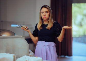 Woman Not Knowing What to Eat in an All Inclusive Hotel. Puzzled restaurant client not knowing which dish to choose 
 