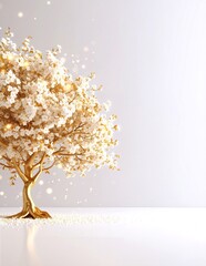 A stunning white and gold tree adorned with an abundance of vibrant flowers, creating a striking contrast against a clear blue sky.