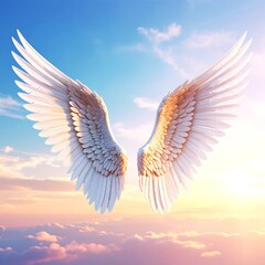 A pair of majestic white angel wings gracefully soaring through a bright blue sky, illuminated by soft sunlight, evoking a sense of freedom and serenity.