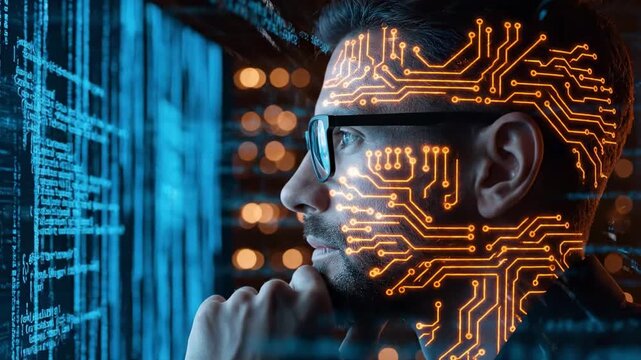 A person with an illuminated circuit board design on their face looking at a data screen