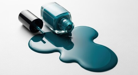 Teal nail polish spills across a white surface creating a modern beauty backdrop for cosmetic advertising or nail art tutorial showcasing bold, trendy colours
