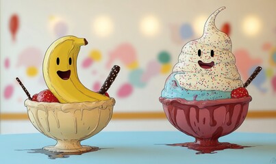 Two cheerful dessert bowls with animated banana and ice cream characters smiling with colorful sprinkles and chocolate sticks on a blurred background