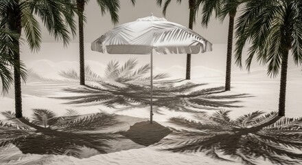 A serene scene featuring a white beach umbrella surrounded by palm trees casting elegant shadows on soft sand. The minimalist setting evokes calmness, tropical warmth, and natural beauty
