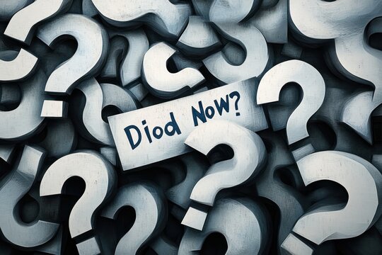Close-up of many large question marks with a small rectangular sign displaying the handwritten phrase 'Diod Now?' amidst them, creating a sense of confusion and inquiry