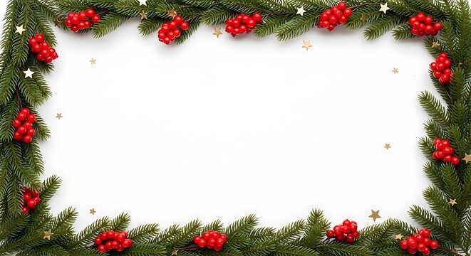 A festive Christmas garland border made of green fir branches, red berries, and gold stars on a white background.
